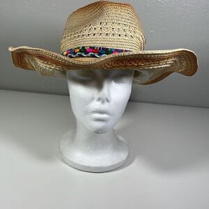100% Paper Cowboy Hat w/ Leather Rainbow Band. Beige. OSFM.